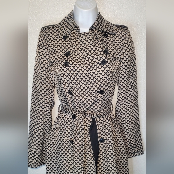Rachel Roy Chic Black & Cream Patterned Belted Double Breasted Trench Coat XS - Picture 8 of 9